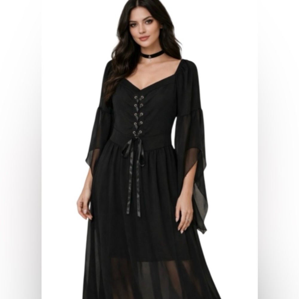 Lace-Up Corset Style Maxi Dress Whimsigoth Fairy Grunge XL Overlay Bell Sleeve